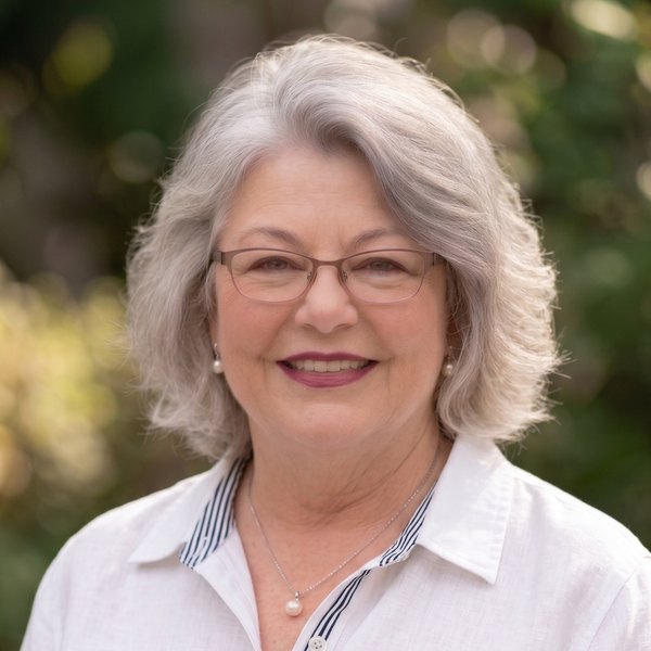 Ai-Cruise Granny, the AI twin: a silver-haired woman in a white linen shirt, smiling.