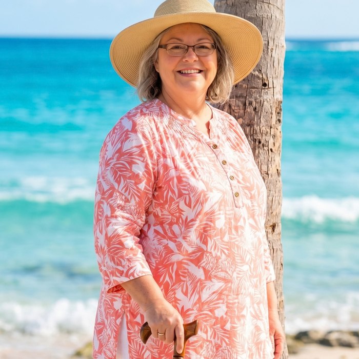 The real cruiser behind Ai-Cruise Granny, standing on a Caribbean beach with a walking cane.