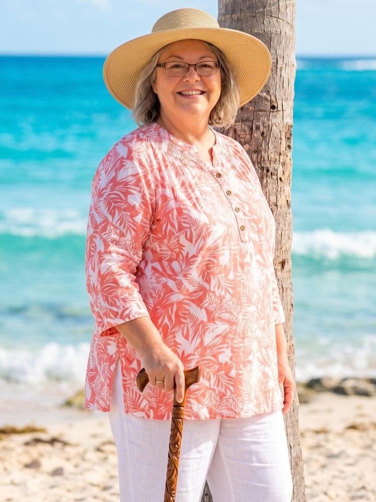 The cruiser behind Ai-Cruise Granny, standing on a Caribbean beach with her walking cane.